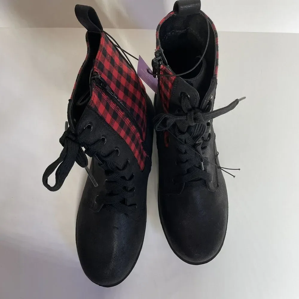 MIA‎ Kids Boots Youth Girls 4  Kissia Side Zip Combat Black & Red Plaid Holiday